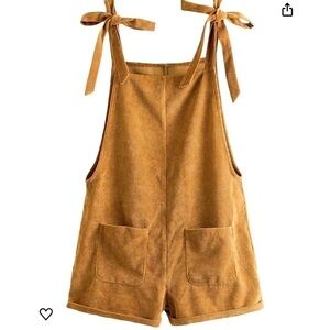 Corduroy Tie Knot Strap Overall Shorts Pocket Jumpsuit Brown S
